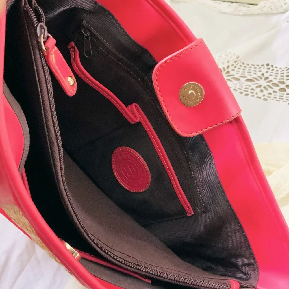VINTAGE Etienne Aigner Rattan Straw Shoulder Bag Magenta Trim Tote - Picture 7 of 12
